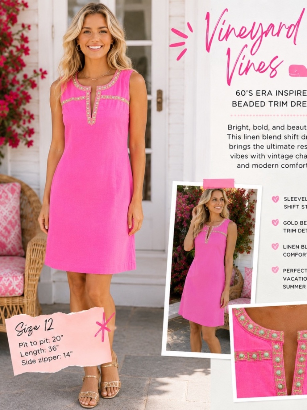 Vineyard‎ Vines Linen Blend Pink Shift Dress – Size 12